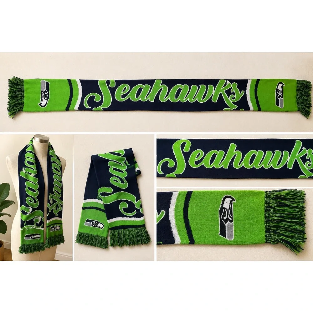 FOCO Seattle Seahawks NFL Knit Scarf Navy Blue Action Green Fringed Fan Scarf